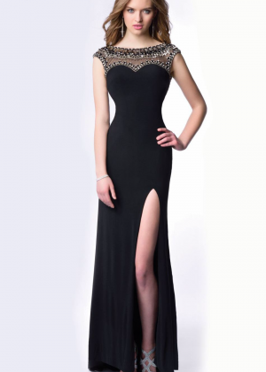 Beaded Black Jersey High Slit Backless Evening Dress